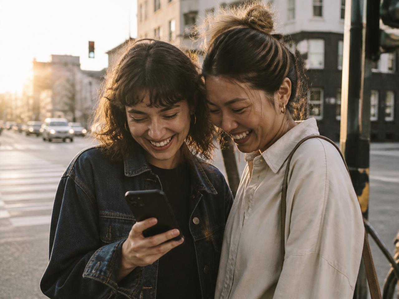 Two friends laughing at a phone screen on a street corner at golden hour