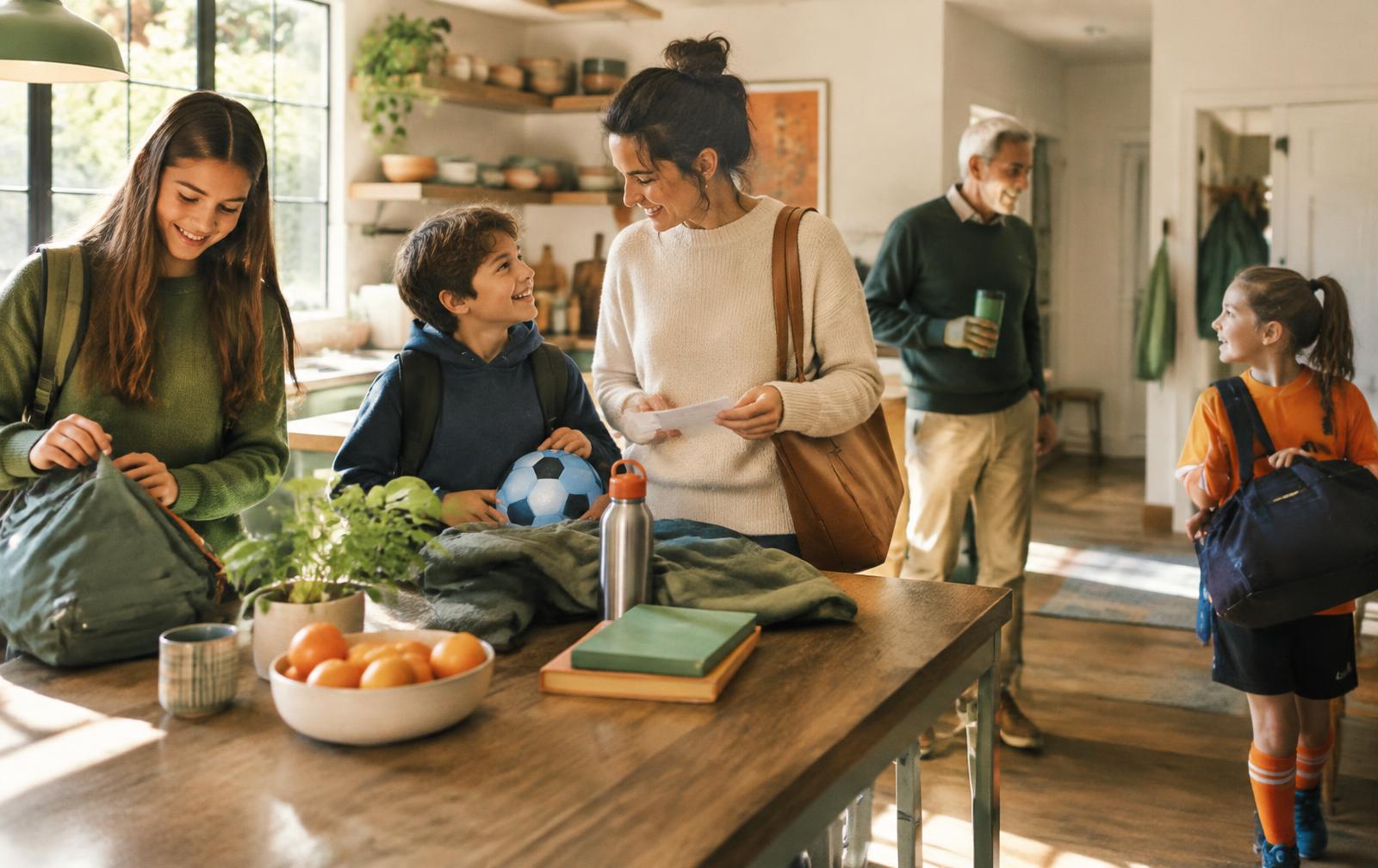 A family coordinating a busy day together